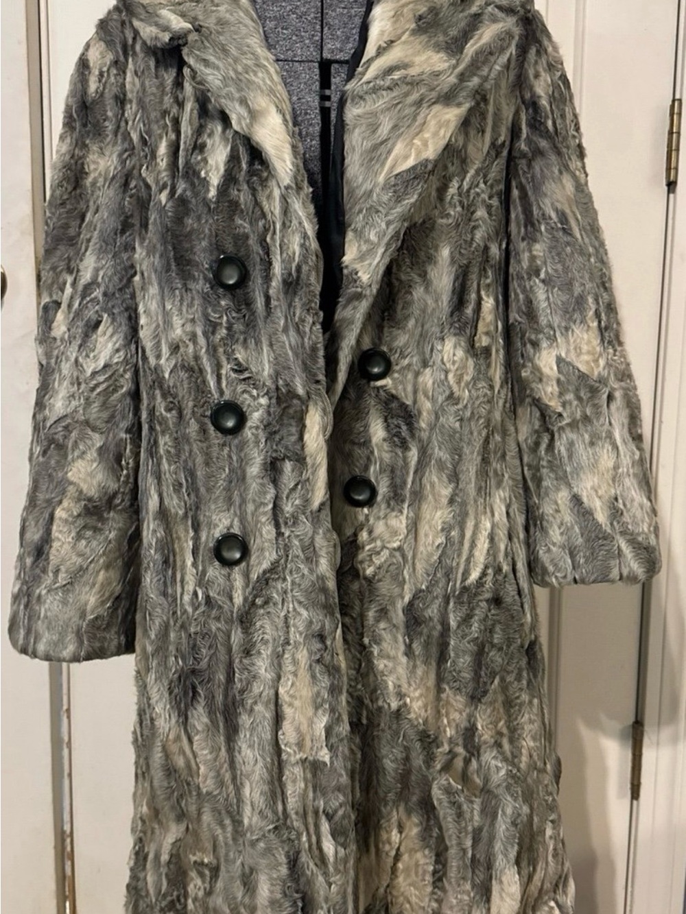 Vintage Faux Fur Pea Coat in Gray and Cream